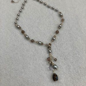White House Black Market Gray/Crystal Bead Drop Necklace